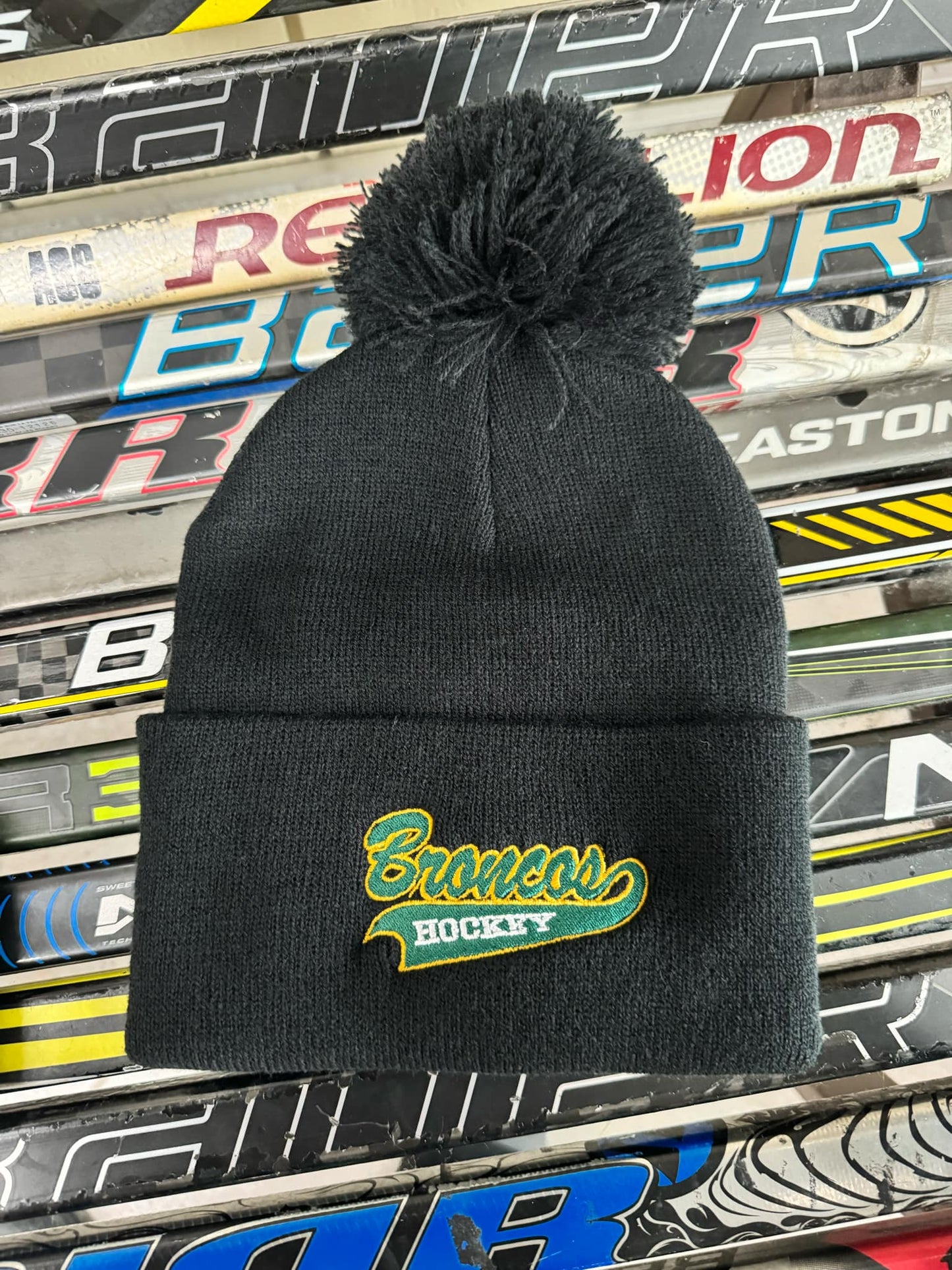 Broncos Hockey Script Toque with Pom Pom – Black